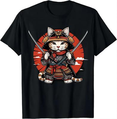 Herren Japanischer Samurai Katze Ninja Street Muster bedruckt 100% reine Baumwolle Kurzarm T-Shirt Freizeitkleidung Top