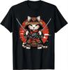 Men's Japanese Samurai Cat Ninja Street Pattern Printed 100% Pure Cotton Short-sleeved T-shirt Casual Wear Top