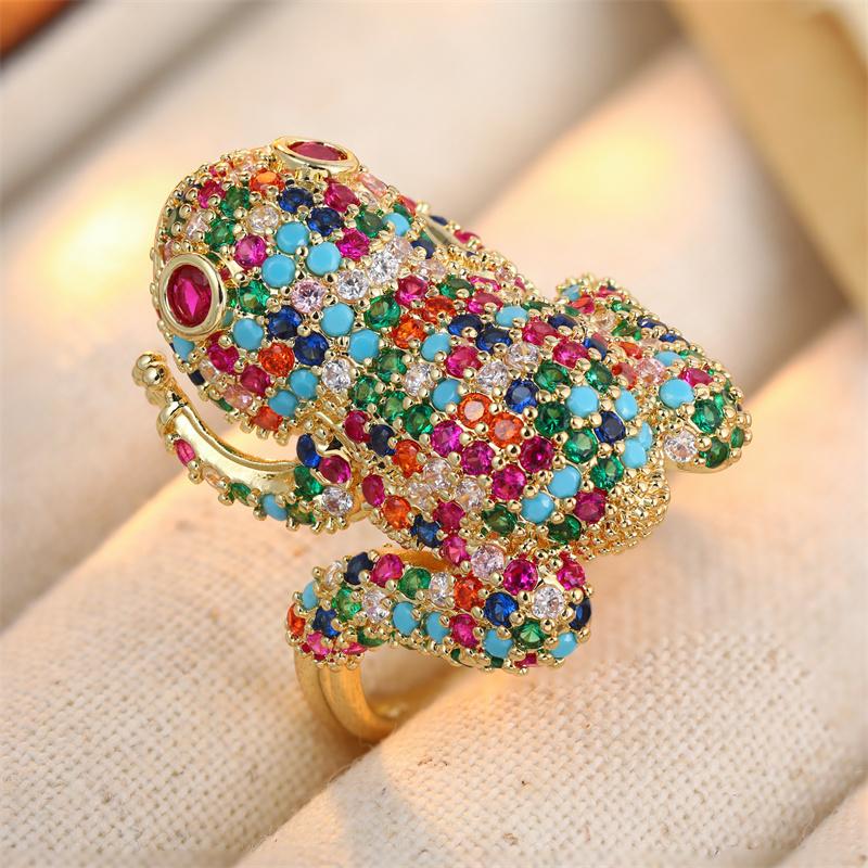 Luxury Inlaid Multicolored CZ Frog Women's Ring Aesthetic Gold Color Geometry Daily Wear Party Jewelry Anniversary Gift