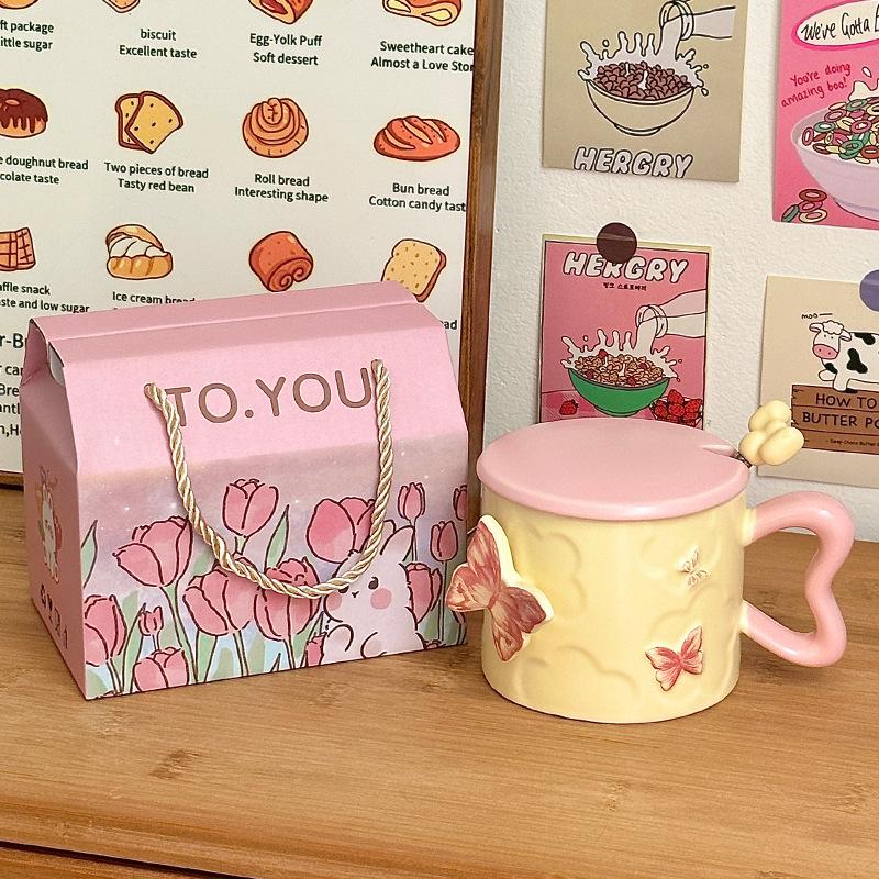 Cup Girls High-value Butterfly Mug with Lid Spoon Ceramic Cup Souvenir Birthday Gift Drinking Cup Household