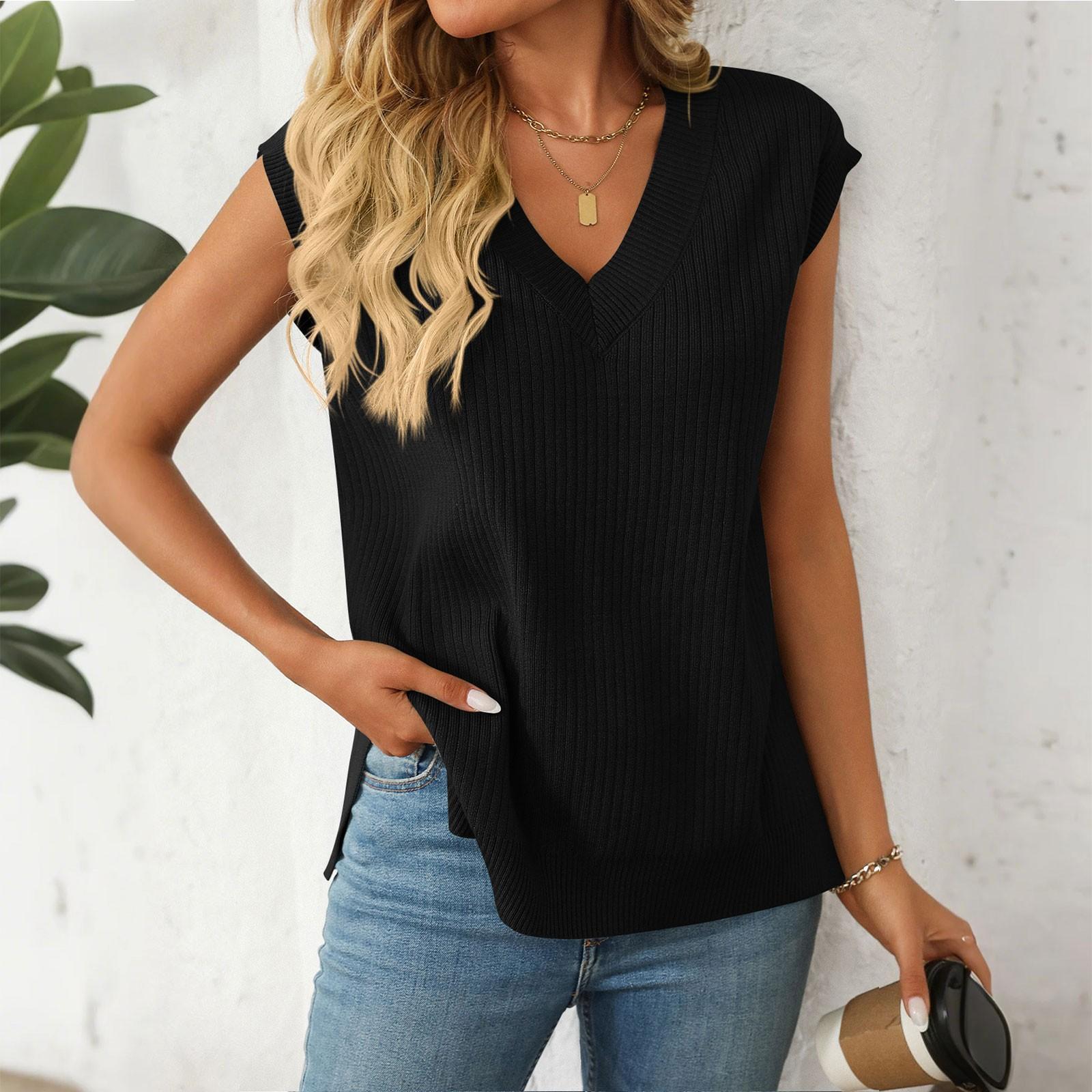 

Женская мода свободный V-образный вырез без рукавов повседневный пуловер свитер раздельный жилет топ S чёрный