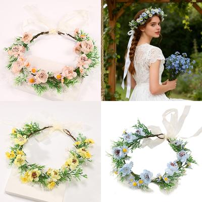 Elastic Baby Girls Floral Headpiece Fabric Plastic Grass Tulle Ribbon Nature Styles Hair Accessory For Photoshoots