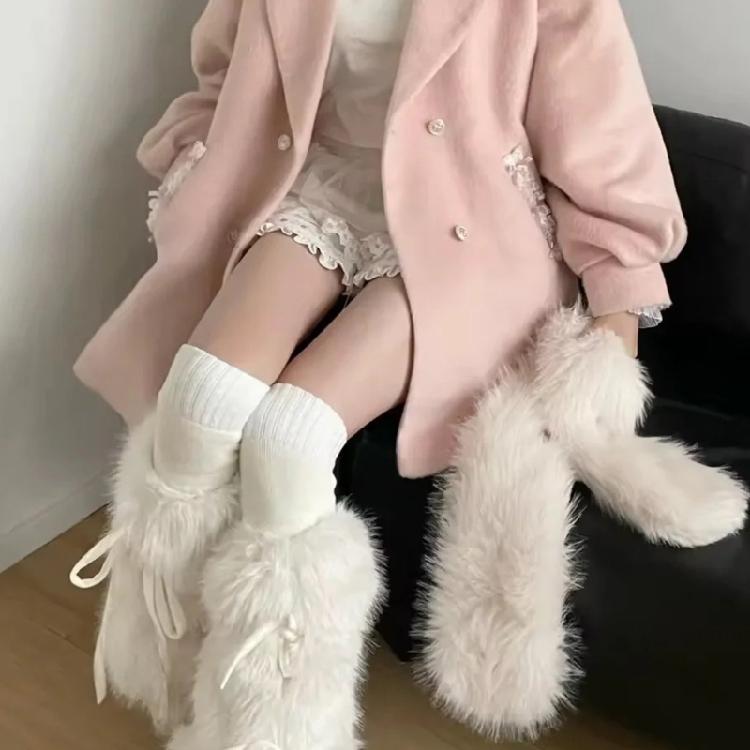 Dámské chlupaté bílé návleky na nohy Ponožky Harajuku Mašle s uzlem Kryty na legíny a boty