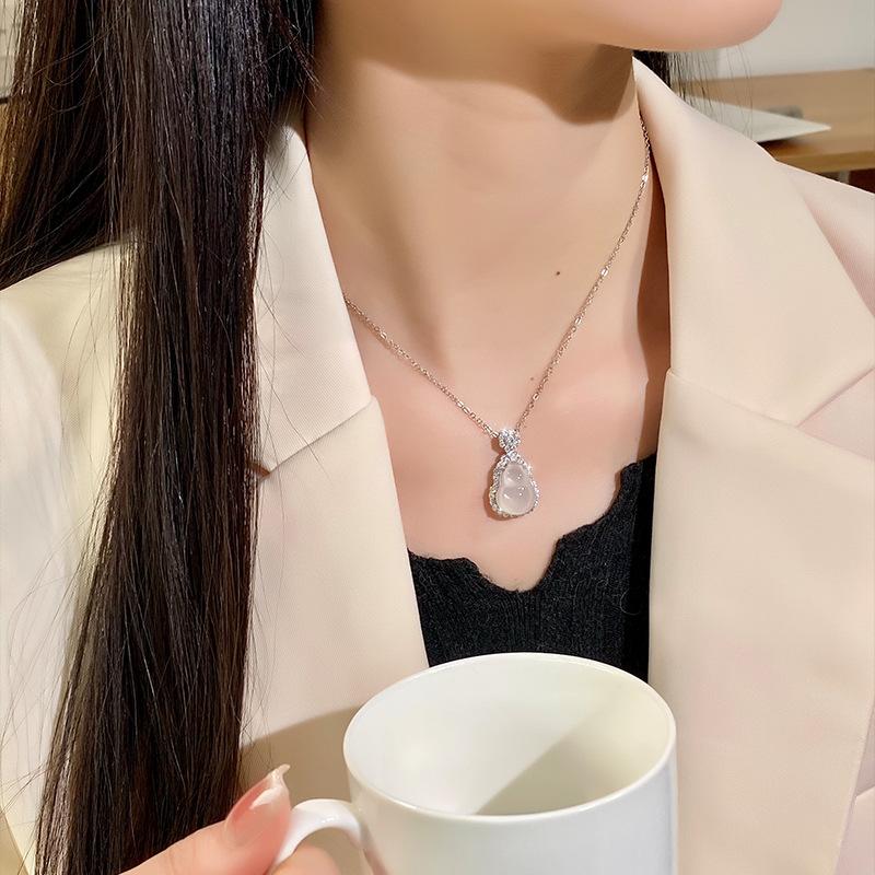 Natural Water Foam Jade Gourd Design Pendant S925 Silver Inlaid Small New Chinese Popular Accessories Women's Necklace Chain