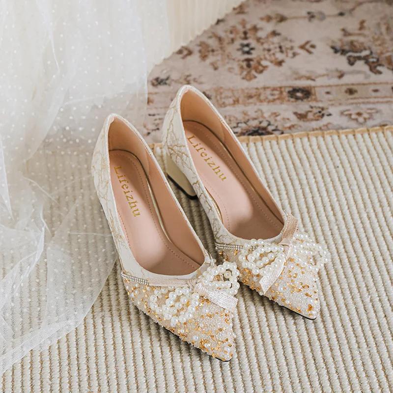 Chaussures Femme Escarpins de Luxe Belle Chaîne de Perles Nœud Chaussures à Talons Hauts Chaussures de Fête pour Fille