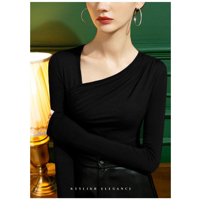 

Новая базовая рубашка с косым воротником для женщин, осенняя одежда для женщин, приталенная, плиссированная, модная, с длинными рукавами S чёрный
