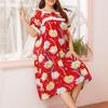 Yaz kadın Yuvarlak Boyun Loungewear Gevşek Yumuşak ve Rahat Pijama Uzun Elbise Baskılı Dantel Patchwork Kısa Kollu Ev Gecelik