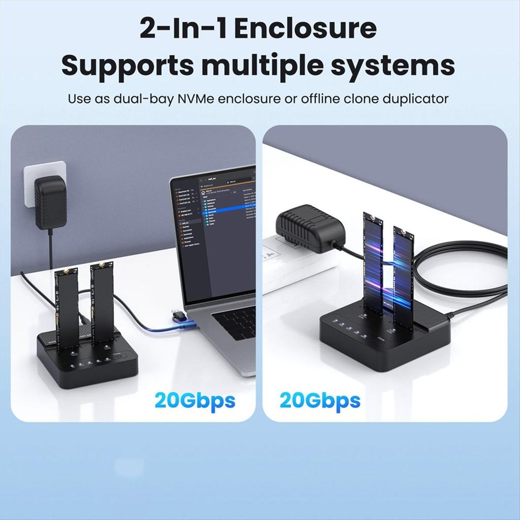NVME SolidState Drive Duplicator Dual-Bay M.2 SSD DockingStation Read-Write 20Gbps Offline Copying Cloner Duplicator(US)