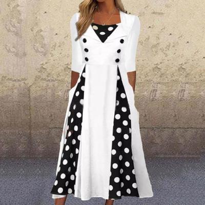 Square Neck Half Sleeve High-Waist Midi Dress Dot Stitching Print Large Hem Lady Dress Workwear