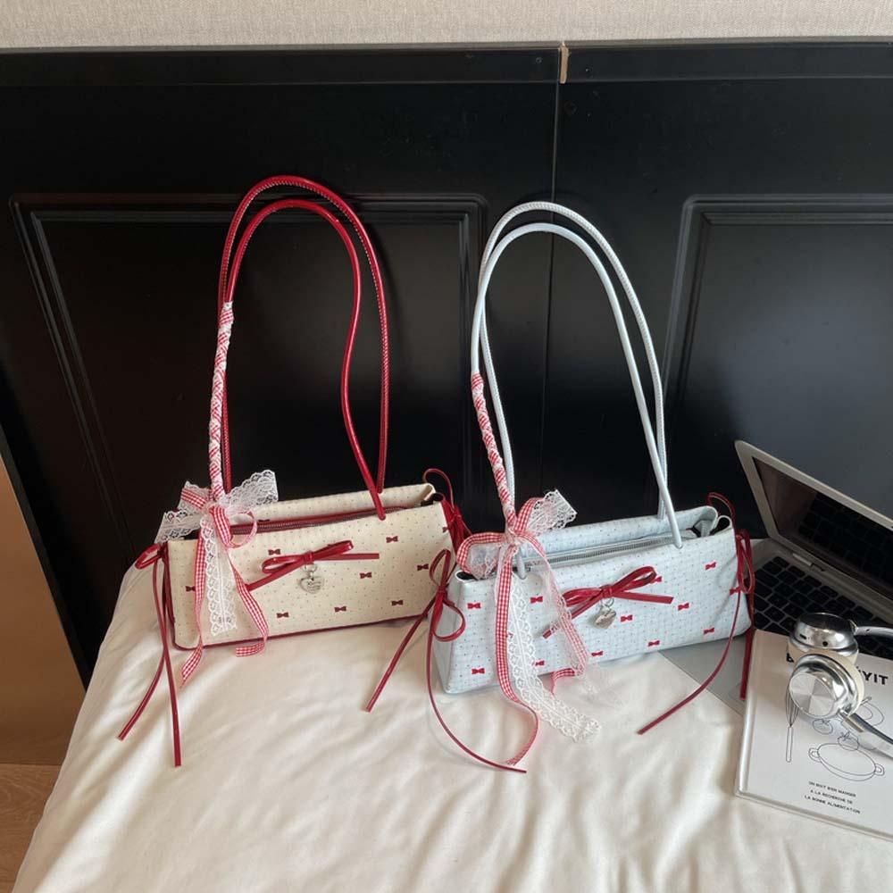 Lace Ribbon French Stick Handbag Sweet Underarm Bags Portable Bow PU Shoulder Bag  Girls
