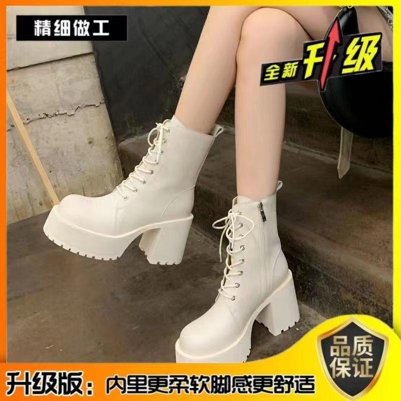 Round Head Thick Heel Lace-up Martin Boots Women's High Heel Waterproof Platform Platform Platform Short Boots Small Retro Soft Leather Boots Women