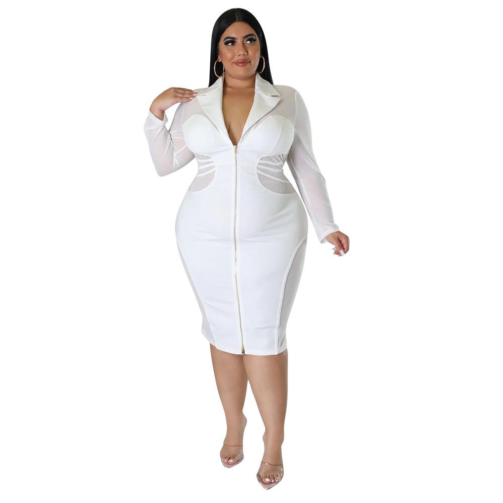 

Осенне-зимнее приталенное платье большого размера на молнии и с пэчворком для женщин 4XL белый