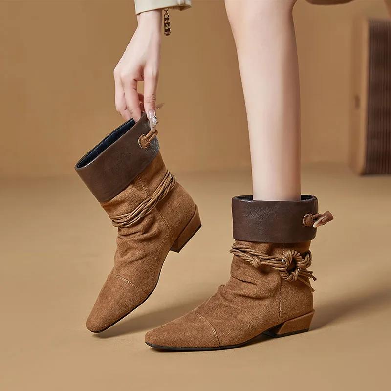 Neue Damen Cowboy Stiefel Spitz Zehenbereich Plissierte Damen Stiefeletten Übergröße Vintage Motorradstiefel Damen