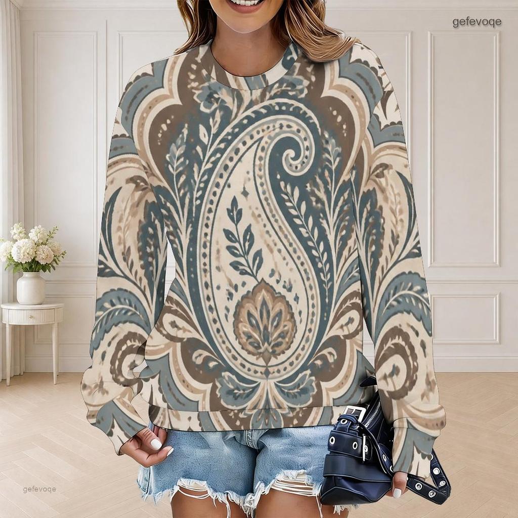 Women Plus Size Round Neck Long Sleeve Floral Printed Teal Green Ribbed Cuffs Sweatshirt