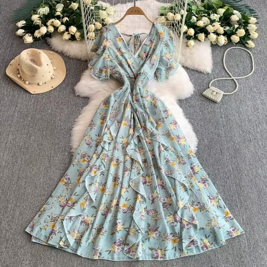 Women's V Neck Short Sleeve Maxi Dress Loose Fit High Waist Elegant Floral Print A Line Dress