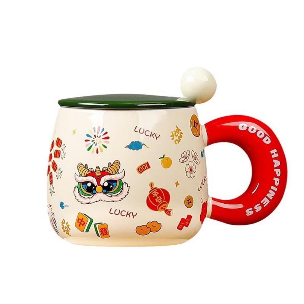 Creative New Year Mug Chinese Style Ceramic Water Cup with Lid Spoon Personalized Year of Dragon Cup Coffee Cup Souvenir