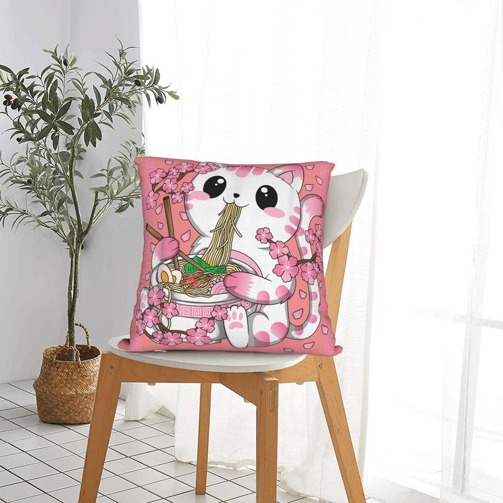 Kawaii Cat Ramen Anime Pillow Case Print Pillow Cover Vintage Pillowcases For Living Room Bed Chair