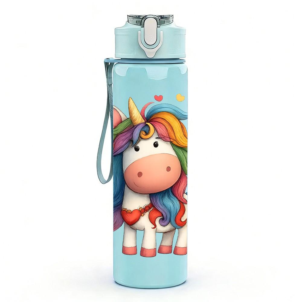 1PC Rainbow Unicorn Girl Cartoon Pattern 750ml Color Plastic Sports Water Bottle Leakproof Flip Straw Lid Suitable for Sports Office Home Use