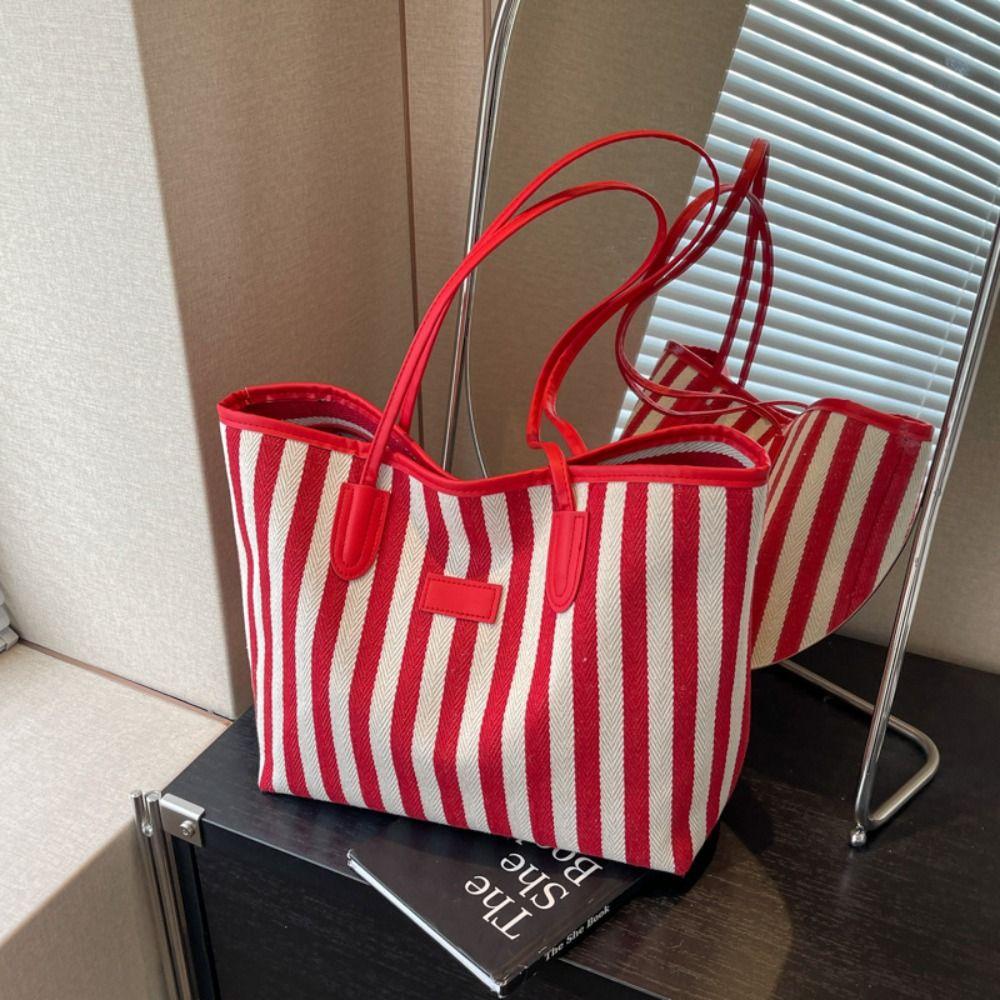 Korean Style Shoulder Bag Zipper Shopping Handbag Simple Stripe Canvas Tote Bag  Women
