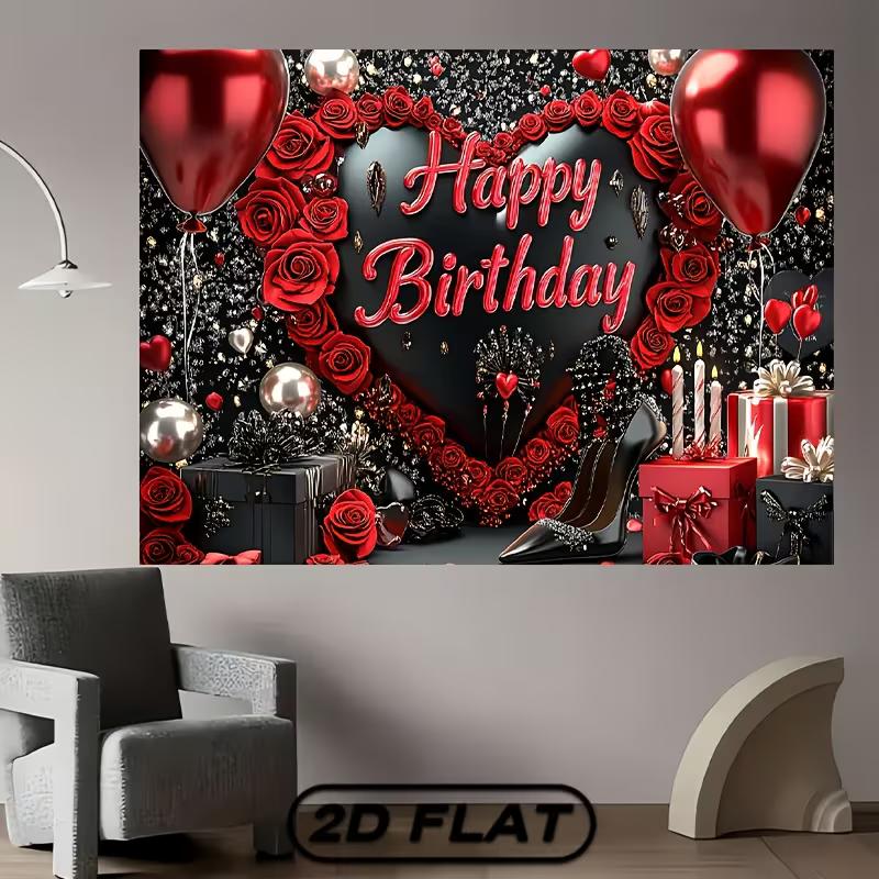2D Glam Birthday Party Backdrop Red Roses & High Heels Photography Background