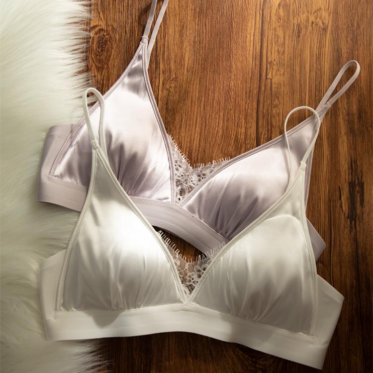 French Satin Lace Triangle Cup Push-Up Bra for Small Breasts - Women's Anti-Sagging Lingerie with Side Support.