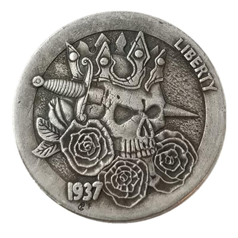 Antique Wanderer Coin Skull Buffalo Aged Silver Dollar Round Copper