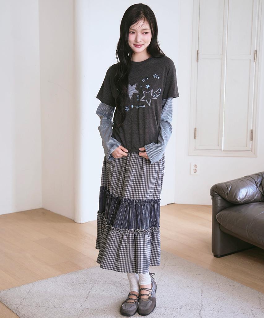 THE GREEN LAB Star Patch St Layered T-Shirt [Charcoal Gray]