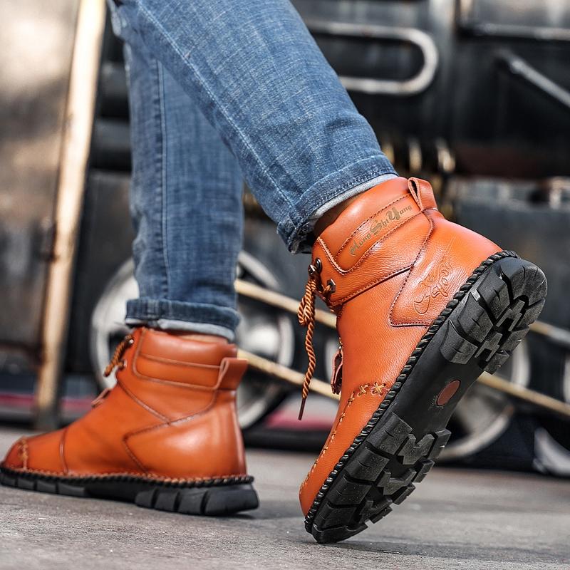 Mens Handmade Genuine Leather Boots  Retro Boots Men's Genuine Leather Large Men's Shoes High Top