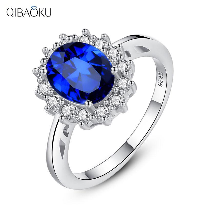 QIBAOKU S Sterling Silver Ring for Women Sapphire Princess Diana Rings Luxury Oval Flower Engagement Wedding