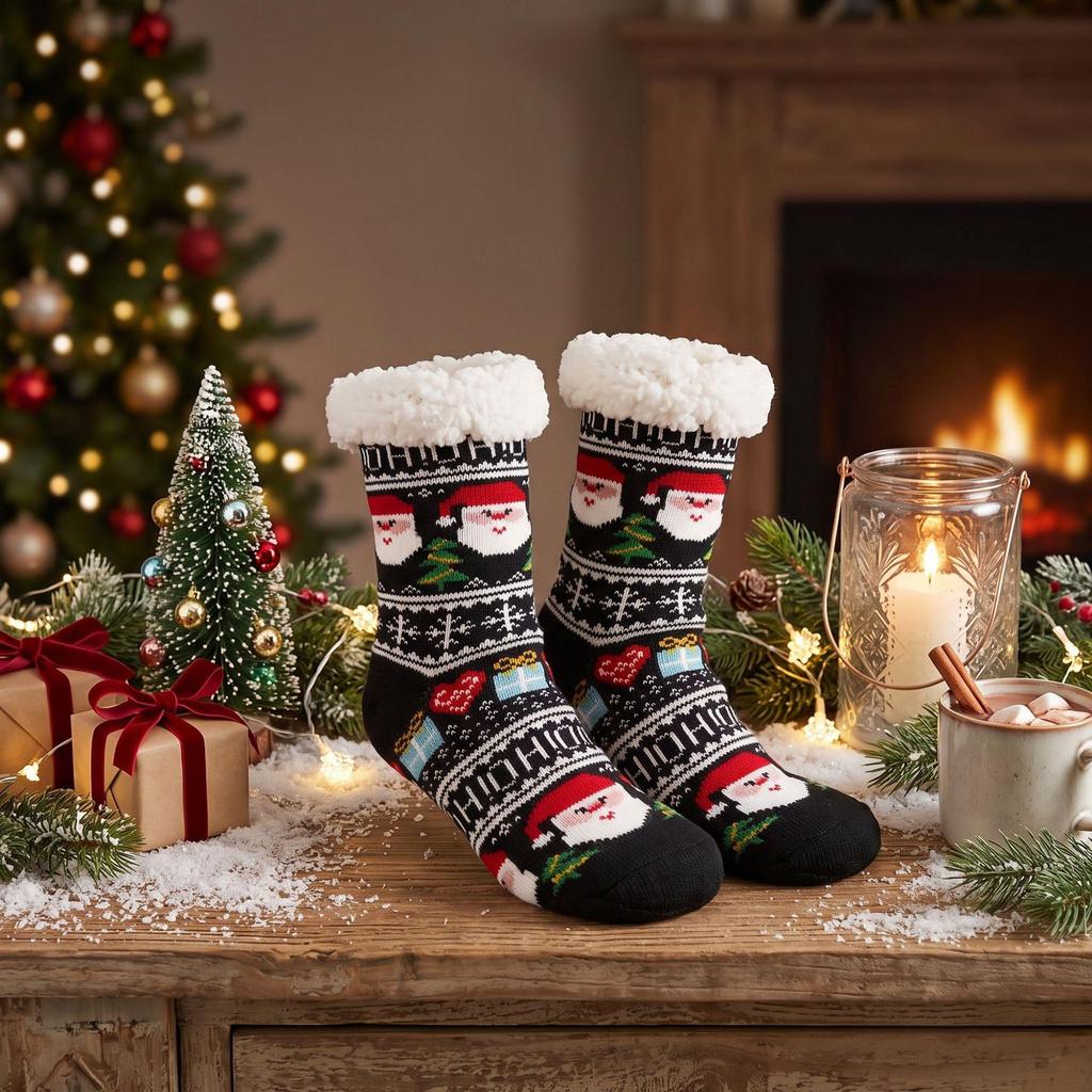 Women's Fleece-Lined Christmas Stockings: Winter Floor & Sleep Socks