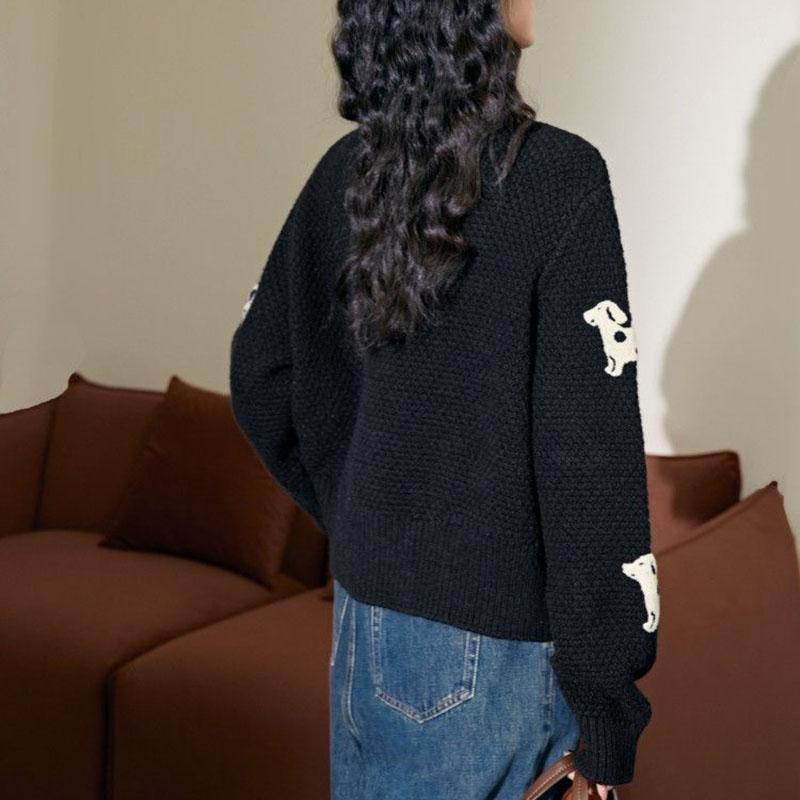 Cartoon Sweater Female Cardigans Autumn O Neck Single Breasted Black Sweater Coat for Women 2025