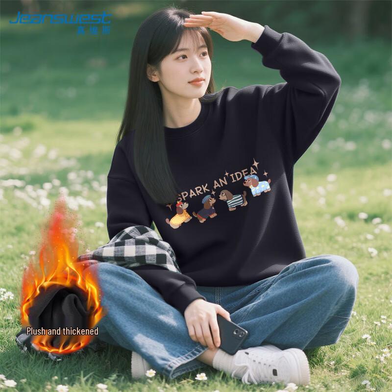 

JEANSWEST Women s Fleece-Lined Round Neck Sweatshirt with Four Puppies Print S