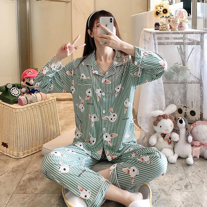 Spring and autumn thin long-sleeved pajamas women's Internet celebrity style cute rabbit cardigan loungewear loose two-piece suit women