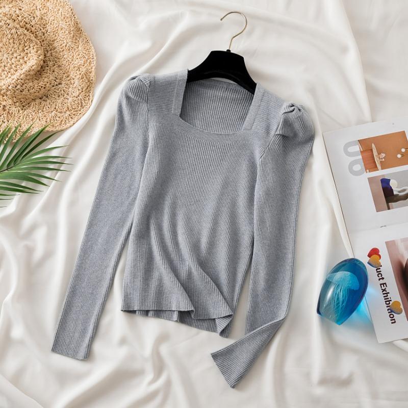 

2024 Новый осенний вязаный свитер с квадратным вырезом, женский, с длинным рукавом, повседневный, однотонный, повседневный, свитера, топы, модная базовая одежда 2166 One Size серый