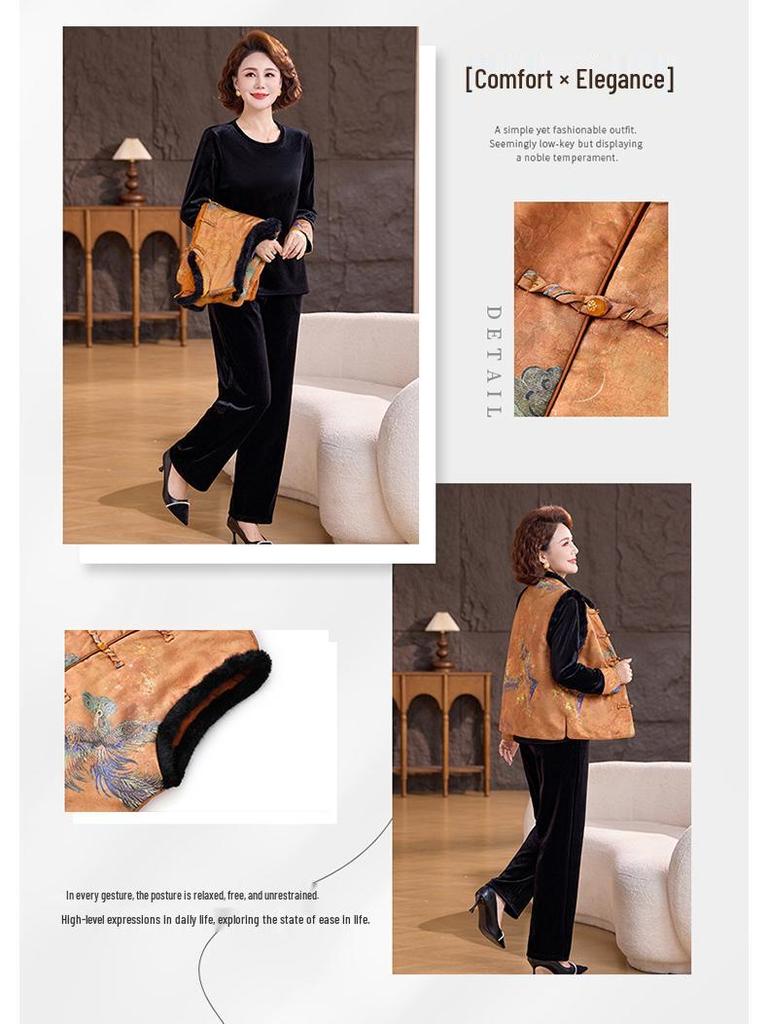 New Chinese-Style Winter Vest Suit: 3-Piece Gold Velvet Set for Middle-Aged Women