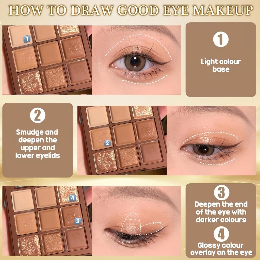 9 Color Nude Eyeshadow Palette Daily Style Brown and Golden, Featuring Two Textures,Matte and Shiny.