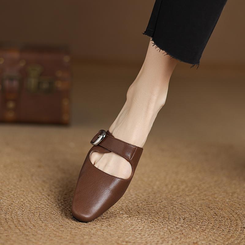 Fashion 2025 NEW Summer Women Mules Genuine Leather Women Shoes Round Toe Low Heel Shoes Cover Toe Slingback Sandals Modern Slippers