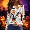 Women's Halloween Print Long Sleeve Round Neck Top with Hem Slits for Casual Fall Outings