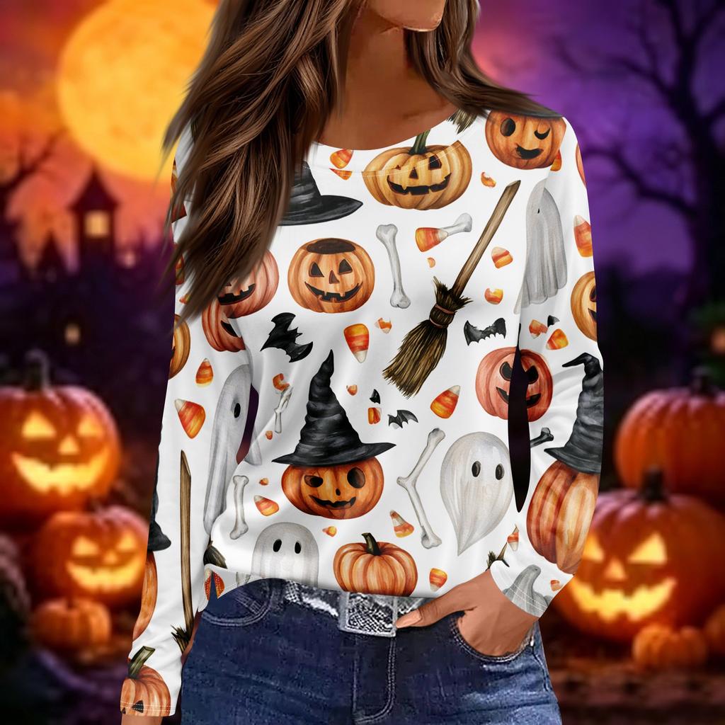 Women's Halloween Print Long Sleeve Round Neck Top with Hem Slits for Casual Fall Outings