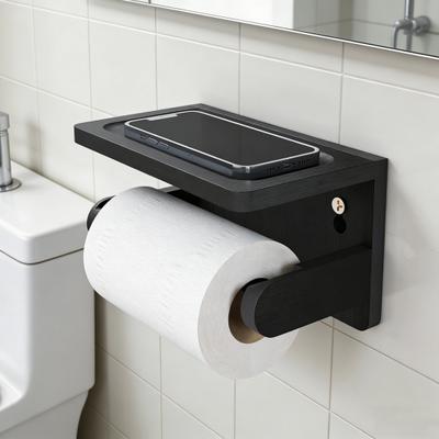 Küchenrollenhalter mit vergrößertem Bambus-Ablagetisch, Handyfach, abnehmbarem Ausleger, doppelte Montage, Badezimmer, Küche