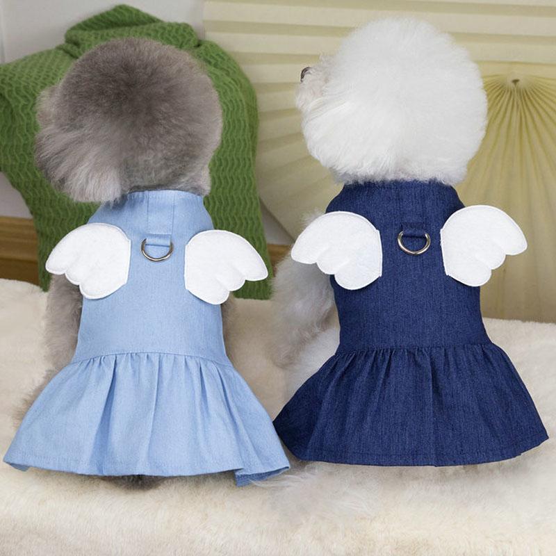 Dog Clothes Light/Deep Blue Denim Puppy Summer Clothes Wings Decor Clothing Dog Dresses Apparel Dog Harness Clothes Girls Dress