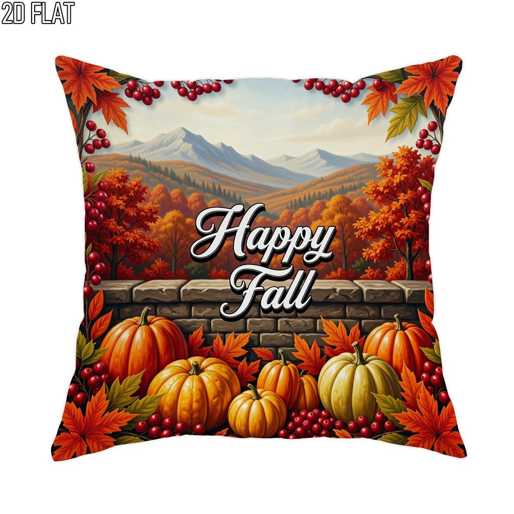 2D Flat - 1pc 2D Flat Throw Pillow Covers Autumn Season Pumpkins Mountains Autumn Leaves Vintage Style Orange Red Brown Soft Velvet Washable Pattern P