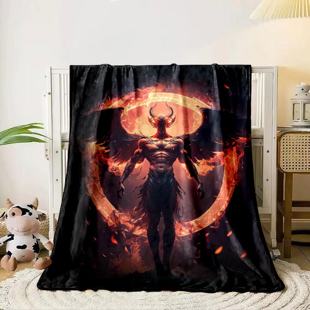 Fiery winged figure with a glowing circular flame backdrop. for all seasons blanket lunch break throw gift