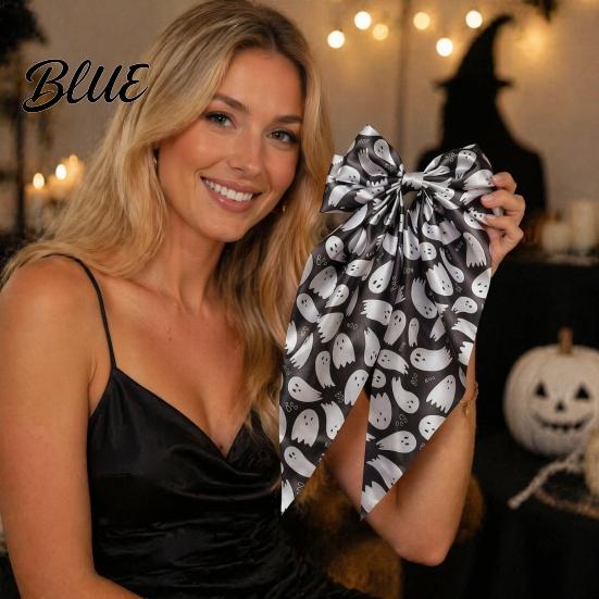 Ghost Hair Clip Halloween Silky Satin Bows for Women Big Ribbon Bow Clips Girls Oversized Long Tail Barrettes Cute Bat Spider Web Pumpkin