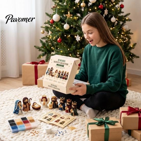DIY Holiday Crafts for Kids 3D Nativity Bead Craft Kit Christmas Decoration, Beaded Handmade Figures Scene Figurine Set Adults Family, Home