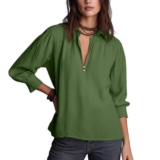 Women Half Long Blouse Pullover Casual Lantern Sleeve Zip Shirt Retro Loose Fit Lapel Shirt XL