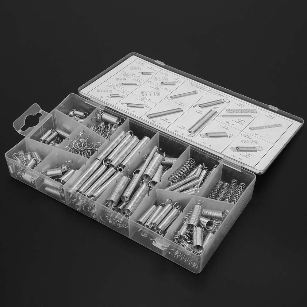 200 st/set Förlängningsspänning Kompressionsfjäder Sortiment Metallfjädrar Kit