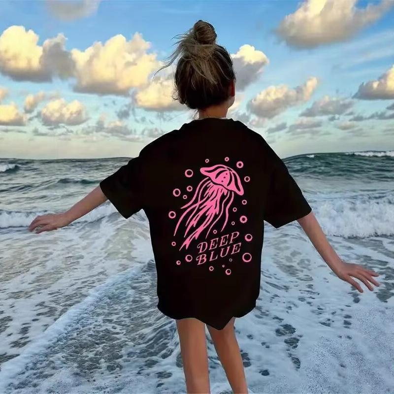 Women Fashion Crew Neck Short Sleeve Pink Jellyfish Print Sleeve T Shirt Top