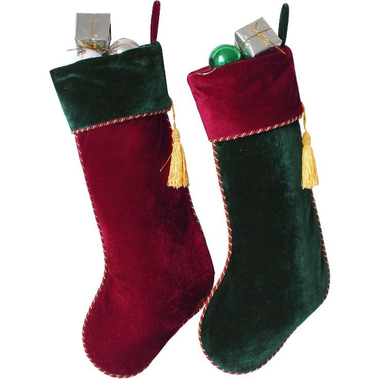 Gireshome Set of 2 Pcs Burgundy & Green Velvet Vintage with Tassel Christmas Stocking, Xmas Tree Decor Festival Party Ornament -10 x18