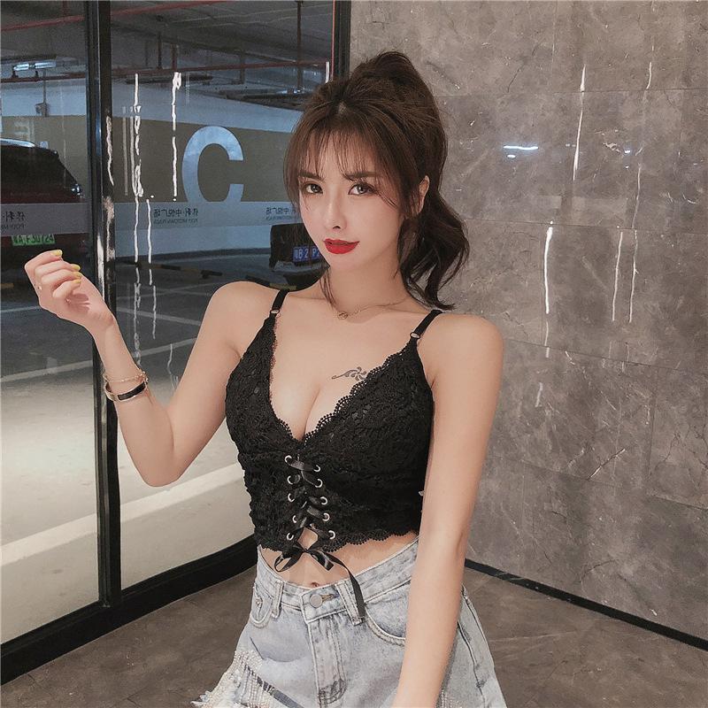 Tank Top Lace V-neck Crop Tops Women Summer Camis Backless Camisole Fashion Bandage Tube Female Sleeveless Cropped Vest